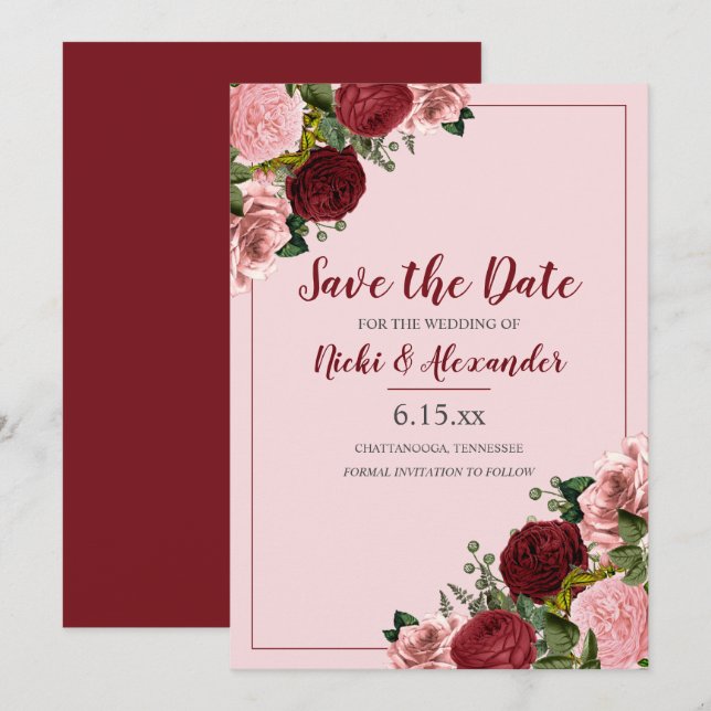 Burgundy Blush Pink Floral Wedding Save Date Invitation (Front/Back)