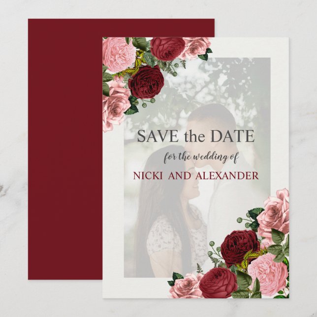 Burgundy Blush Pink Floral Wedding Save Date Invitation (Front/Back)