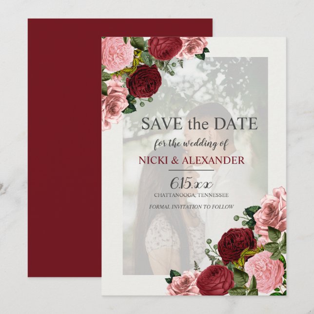 Burgundy Blush Pink Floral Wedding Save Date Invitation (Front/Back)