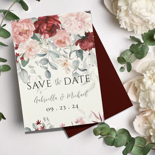 Burgundy Blush Pink Floral Wedding Save The Date | Zazzle