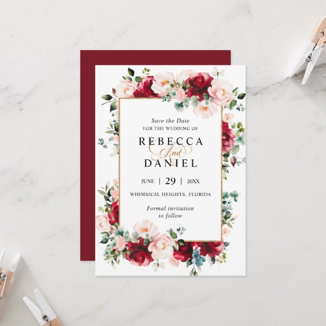 Burgundy & Blush Pink Floral Wedding Save the Date Invitation (Front/Back In Situ)