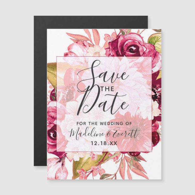 Burgundy & Blush Pink Floral Wedding Save the Date Magnetic Invitation (Front/Back)