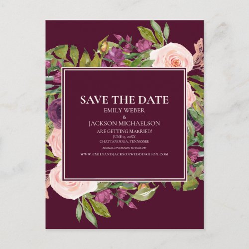 Burgundy Blush Pink Floral Wedding Save the Date Postcard