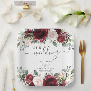 Burgundy Blush Pink Floral Wedding Shower Birthday Paper Plates