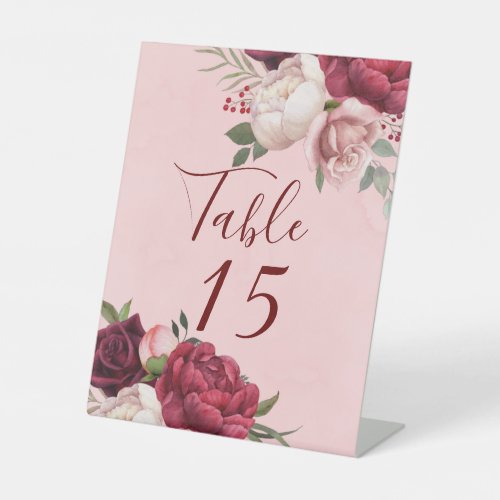 Burgundy Blush Pink Floral Wedding Table Number Pedestal Sign