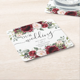 Burgundy Blush Pink Floral Wedding Thank You Favor Square Paper Coaster