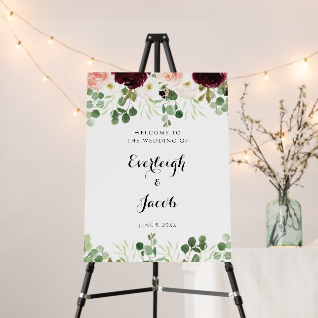 Burgundy Blush Pink Floral Wedding Welcome Sign (In Situ (Stand))