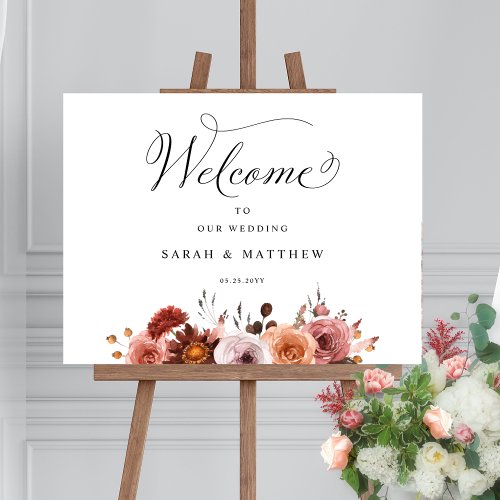 Burgundy Blush Pink Floral Wedding Welcome Sign