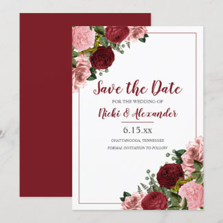 Burgundy Blush Pink Floral Wedding White Save Date Invitation