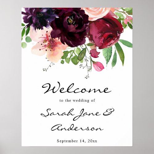 Burgundy  Blush Pink Floral Welcome Poster