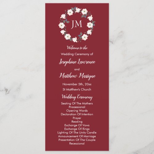 Burgundy Blush Pink Floral Wreath Monogram Program