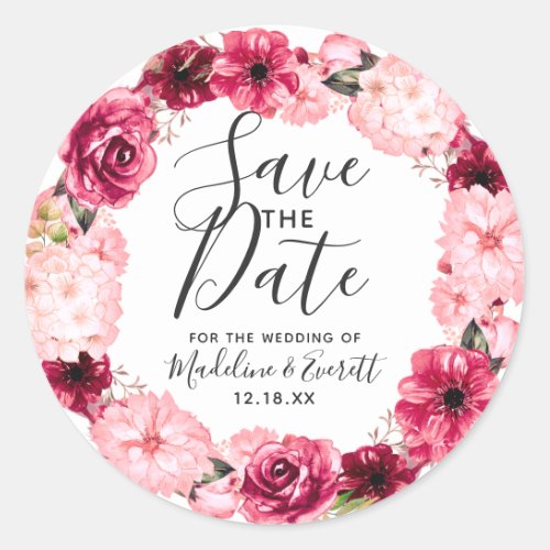 Burgundy  Blush Pink Floral Wreath Save the Date Classic Round Sticker