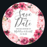 Burgundy & Blush Pink Floral Wreath Save the Date Classic Round Sticker<br><div class="desc">Burgundy & Blush Pink Floral Wreath Frame Summer or Spring Flowers with Watercolor greenery,  Modern and Script fonts,  and geometric Botanical frame. Trendy and Chic Wedding Save the Date Stickers! ~ Check my shop to see the entire wedding suite for this design!</div>