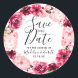 Burgundy & Blush Pink Floral Wreath Save the Date Classic Round Sticker<br><div class="desc">Burgundy & Blush Pink Floral Wreath Frame Summer or Spring Flowers with Watercolor greenery,  Modern and Script fonts,  and geometric Botanical frame. Trendy and Chic Wedding Save the Date Stickers! ~ Check my shop to see the entire wedding suite for this design!</div>
