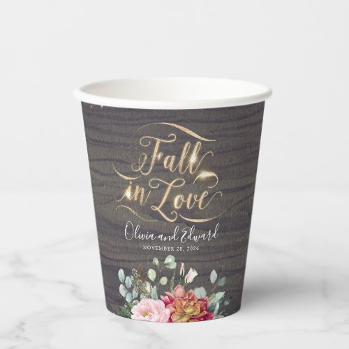 Burgundy Blush Pink Flowers Fall In Love Rustic Paper Cups