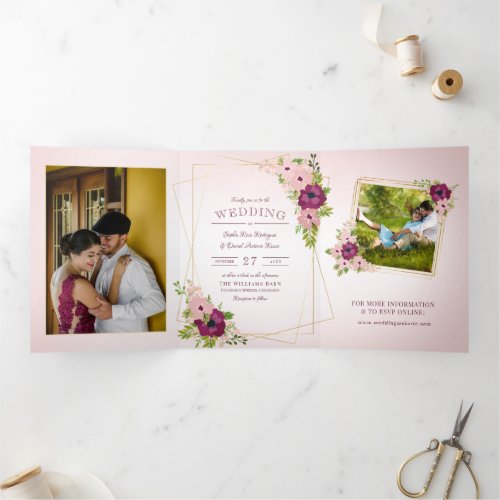 Burgundy  Blush Pink Flowers Geometric Wedding Tri_Fold Invitation