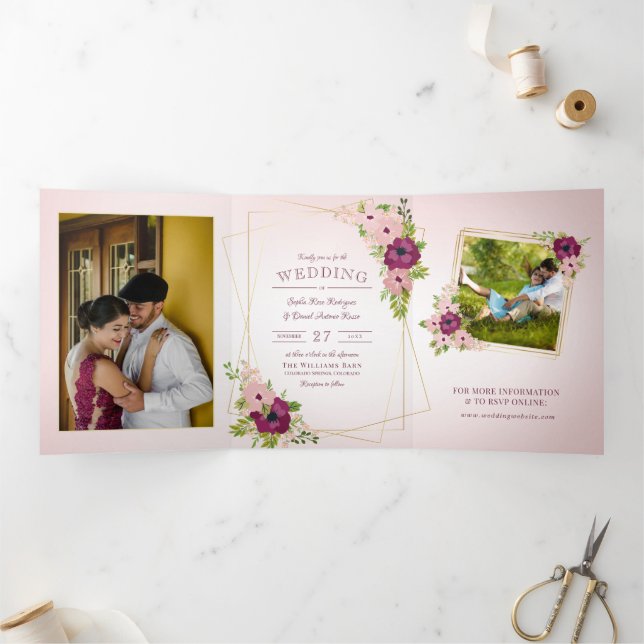 Burgundy & Blush Pink Flowers Geometric Wedding Tri-Fold Invitation (Inside)