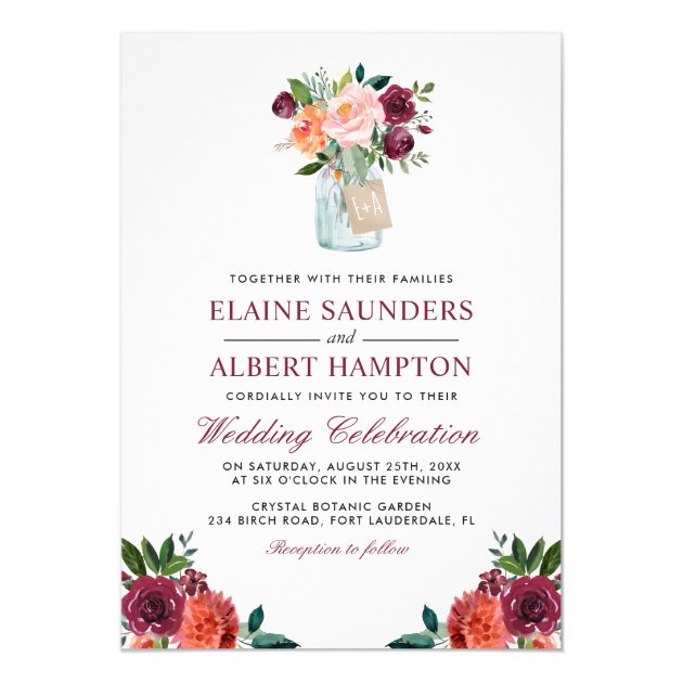 Burgundy Blush Pink Flowers Mason Jar Wedding Invitation