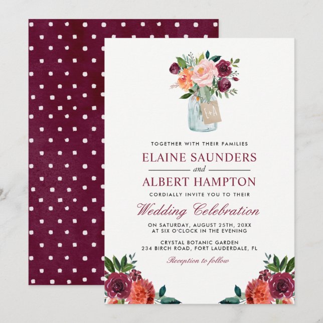 Burgundy Blush Pink Flowers Mason Jar Wedding Invitation (Front/Back)