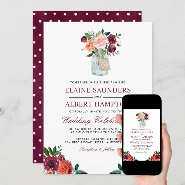 Burgundy Blush Pink Flowers Mason Jar Wedding Invitation Zazzle