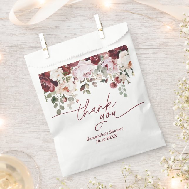 Burgundy Blush Pink Flowers Shower Thank You Favor Bag (Clipped)