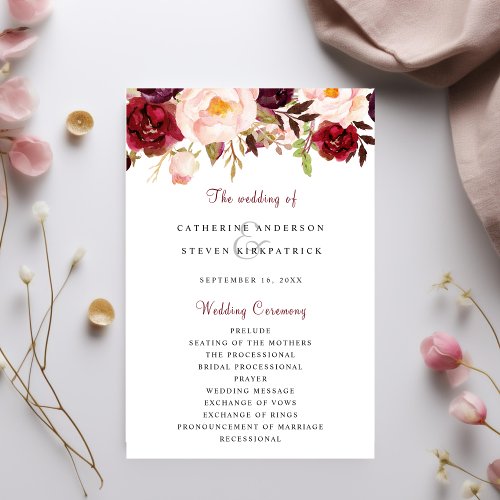 Burgundy Blush Pink Garden Floral Wedding Program