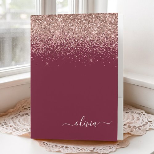 Burgundy  Blush Pink Glitter Script Monogram Girly Pocket Folder