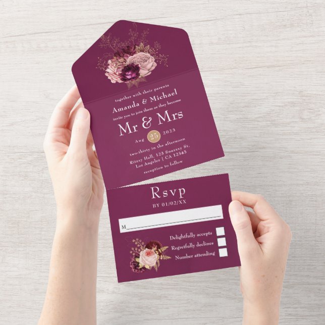 Burgundy, Blush Pink & Gold All In One Invitation (Tearaway)