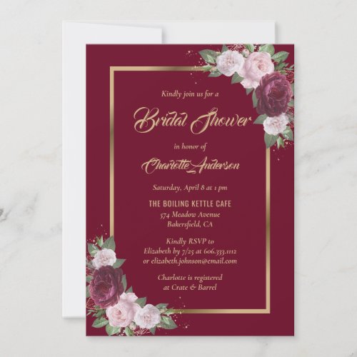 Burgundy Blush Pink Gold Bridal Shower Invitations