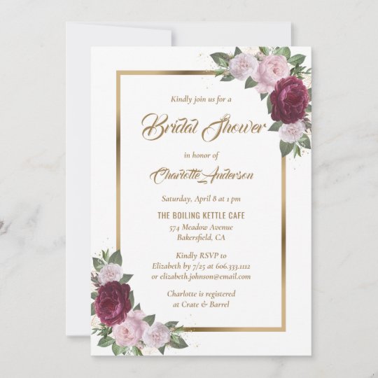 Burgundy Blush Pink Gold Bridal Shower Invitations | Zazzle.com