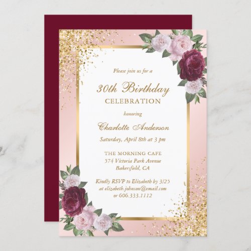 Burgundy Blush Pink Gold Floral 30th Birthday Invitation