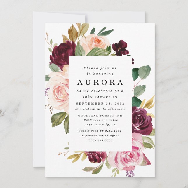 Burgundy Blush Pink Gold Floral Boho Baby Shower Invitation (Front)