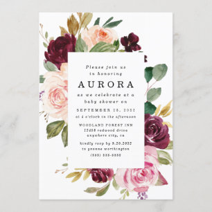 Burgundy Blush Pink Gold Floral Boho Baby Shower Invitation