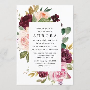 Burgundy Blush Pink Gold Floral Boho Baby Shower Invitation by RusticWeddings at Zazzle
