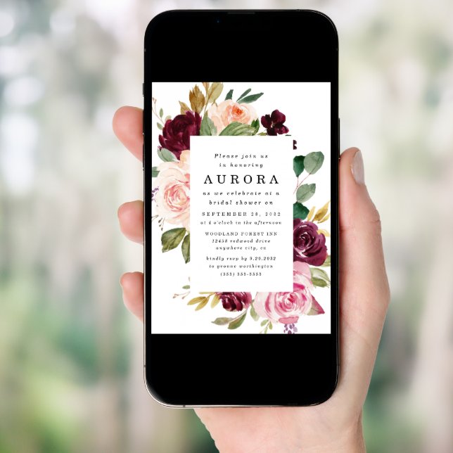 Burgundy Blush Pink Gold Floral Bridal Shower Invitation (Front Digital)