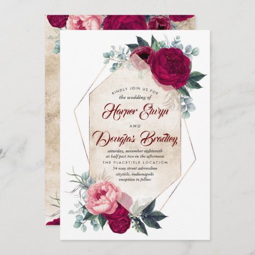 Burgundy Blush Pink Gold Floral Geometric Wedding Invitation