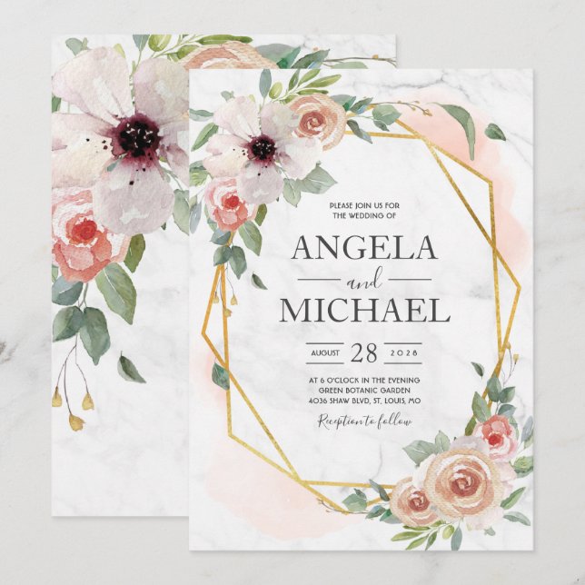 Burgundy Blush Pink Gold Floral Invitation (Front/Back)