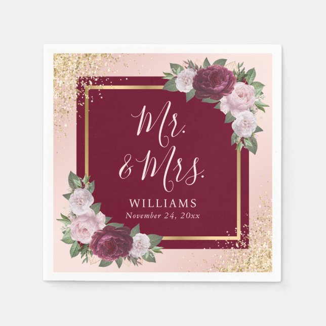 Burgundy Blush Pink Gold Floral Mr & Mrs Wedding Napkins (Front)