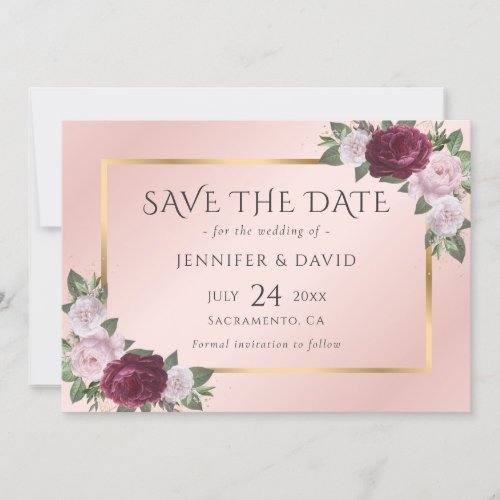 Burgundy Blush Pink Gold Floral Save The Date