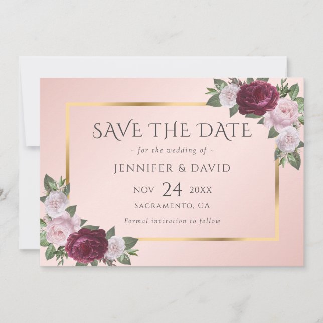 Burgundy Blush Pink Gold Floral Save The Date (Front)