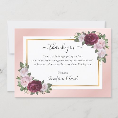 Burgundy Blush Pink Gold Floral Thank You Card