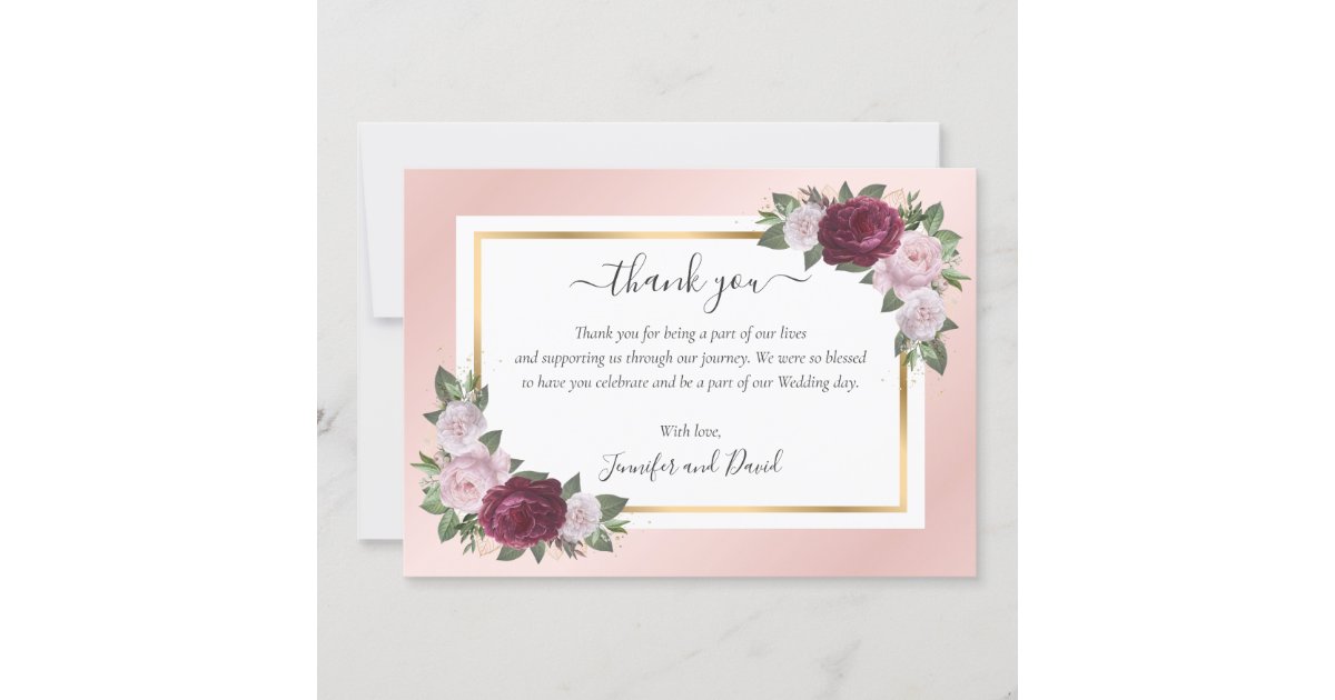 Burgundy Blush Pink Gold Floral Thank You Card | Zazzle