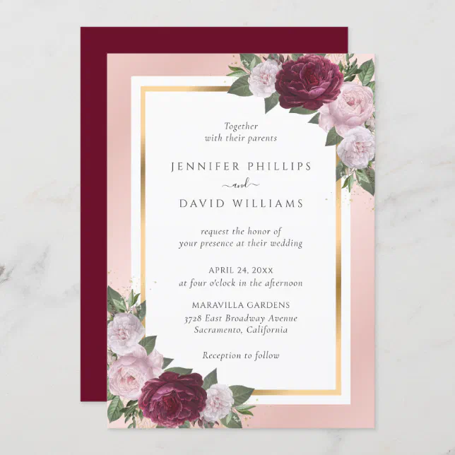 Burgundy Blush Pink Gold Floral Wedding Invitation | Zazzle