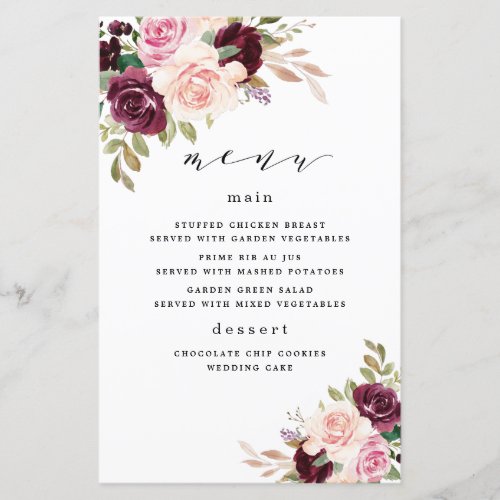 Burgundy Blush Pink Gold Floral Wedding Menu Cards