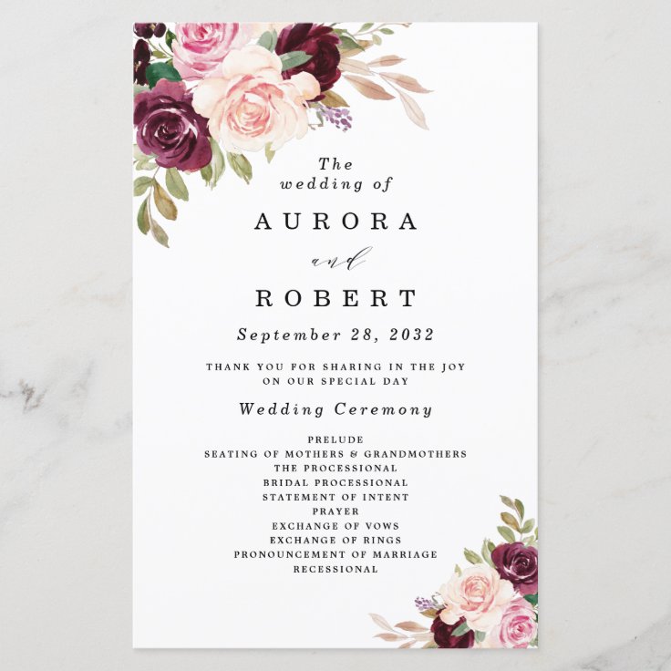 Burgundy Blush Pink Gold Floral Wedding Programs | Zazzle