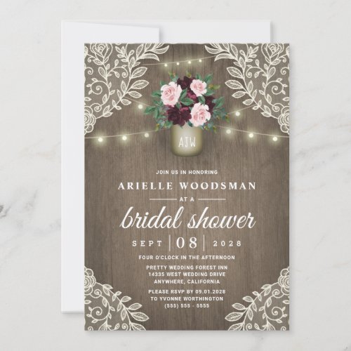 Burgundy Blush Pink Gold Mason Jar Bridal Shower Invitation