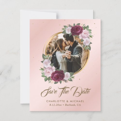 Burgundy Blush Pink Gold Photo Save The Date Card