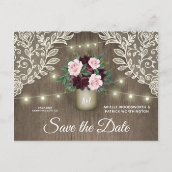 Burgundy Blush Pink Gold Wedding Save The Date Announcement Postcard by RusticWeddings at Zazzle