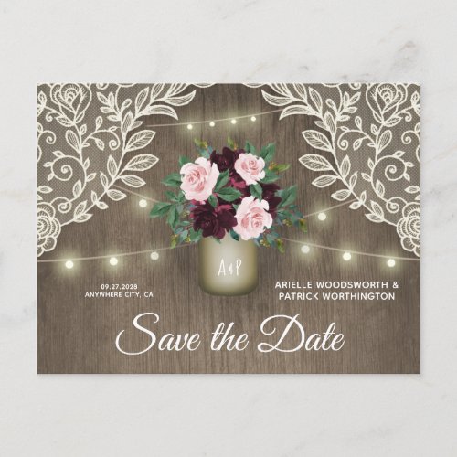 Burgundy Blush Pink Gold Wedding Save the Date Announcement Postcard
