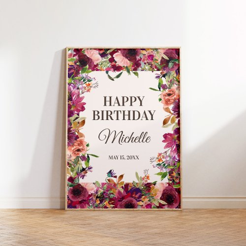 Burgundy Blush Pink Happy Birthday Party Poster